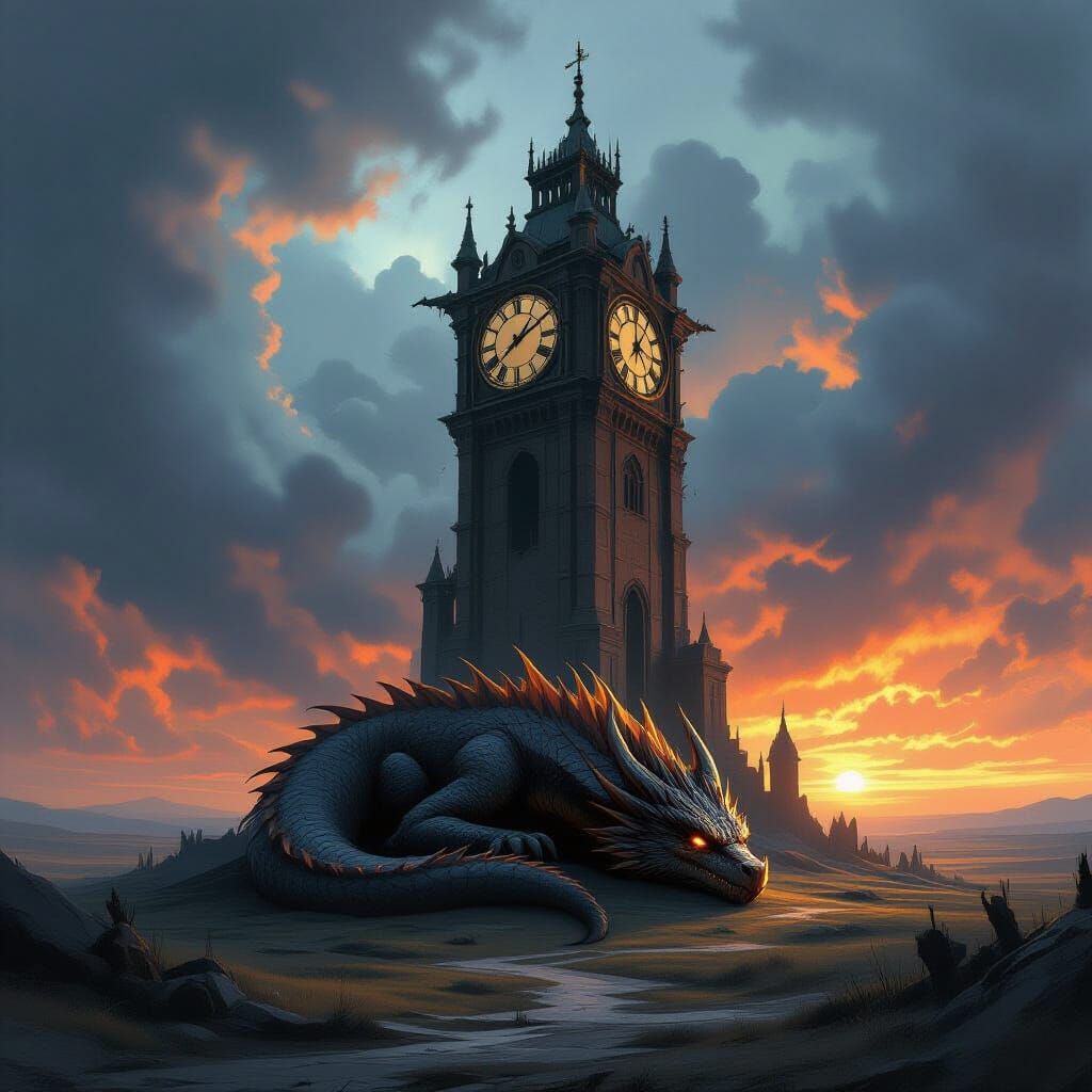Ancient Dragon Sleeps on Abandoned Clock Tower in Dark Fanta...