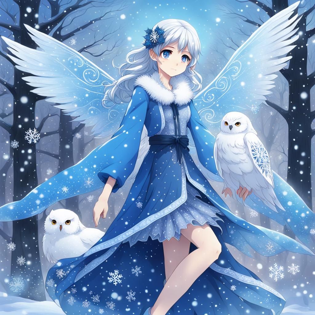 Icy Winter Fairy with Snowy Owl in Anime Style