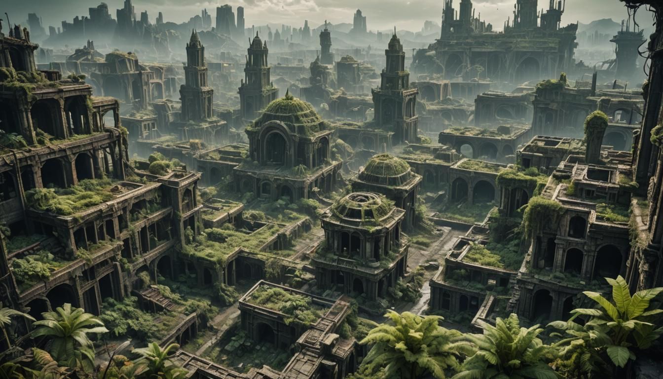 Apocalyptic Alien City Ruins in Dark Fantasy Style