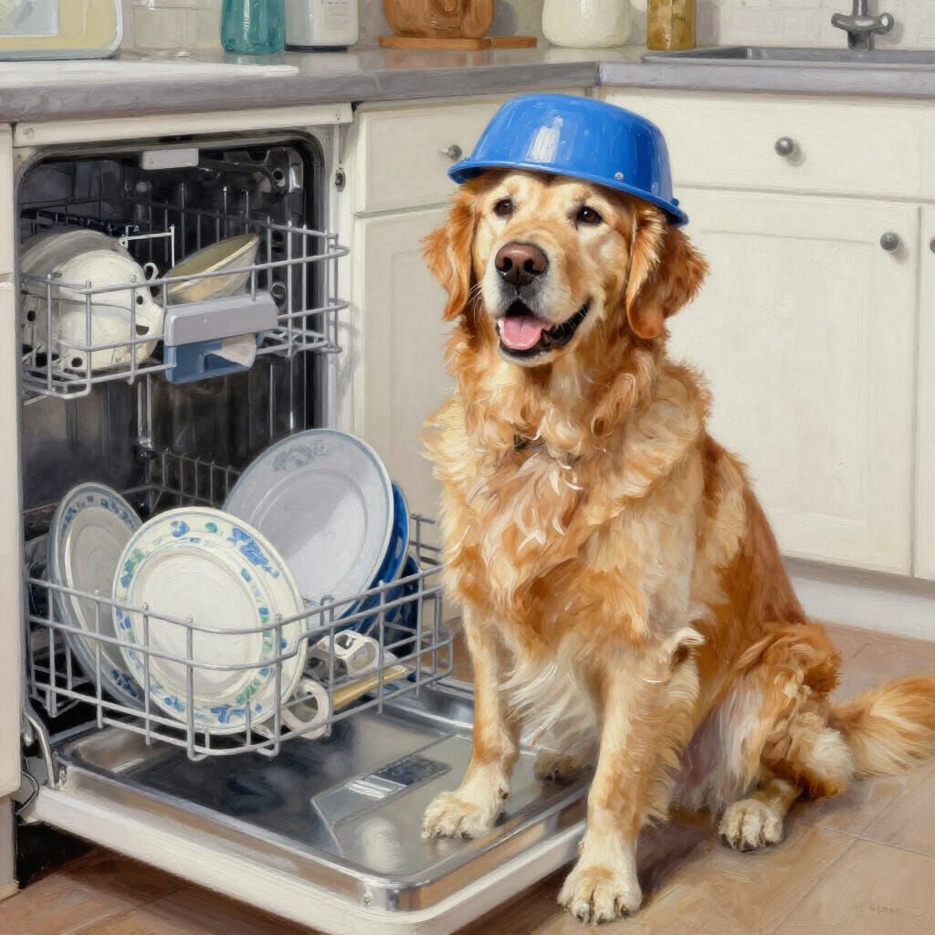 Helpful Golden Retriever Loads Dishwasher in Charming Mess