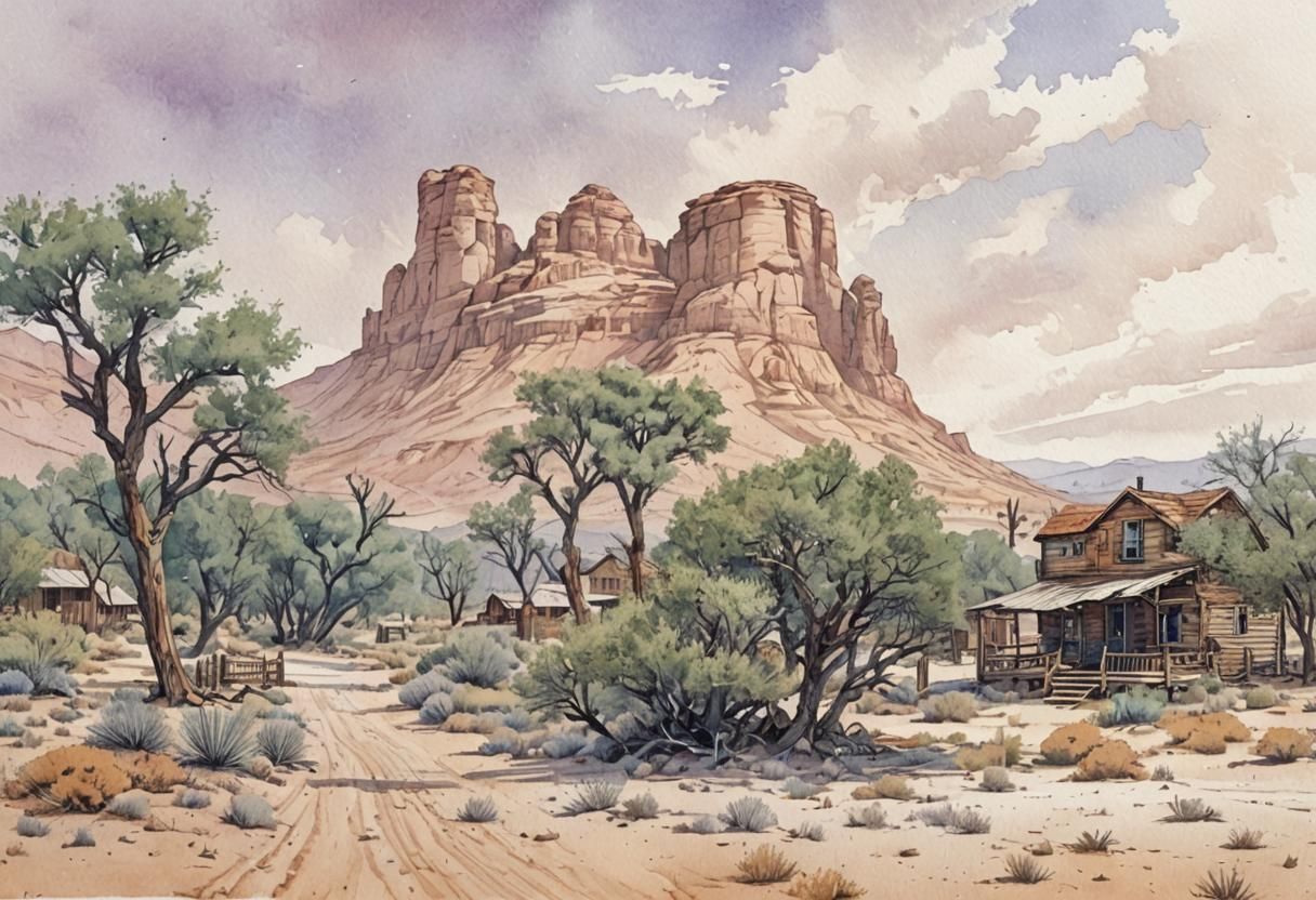 Western Desert Town in Watercolor Comic Art