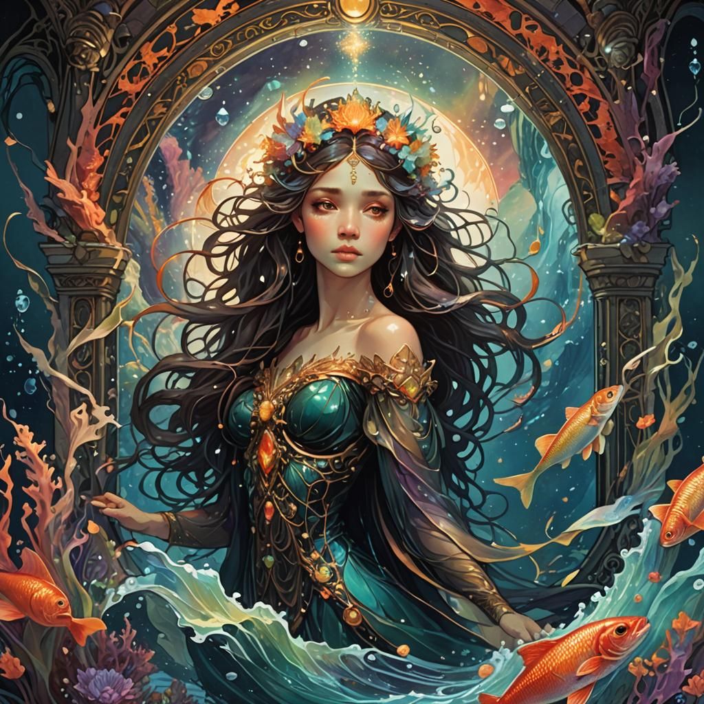 Rainbow Mermaid in Dark Fantasy Underwater Grotto