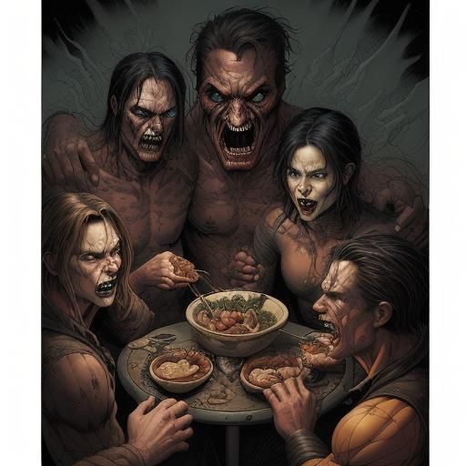 Sinister Cannibals Feast: Comic Book Art Style