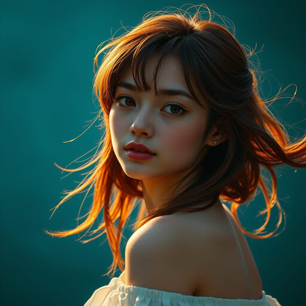 Anime Woman Bathed in Golden Light