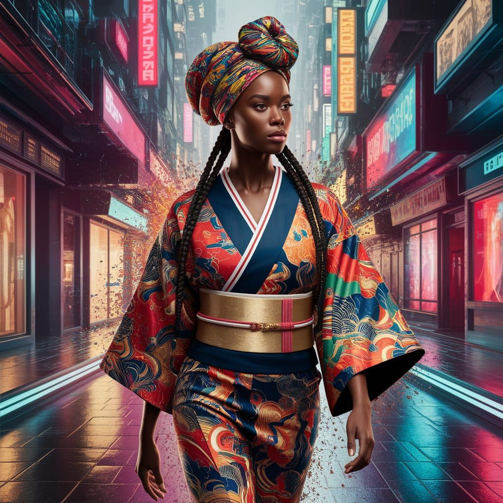 Futuristic Supermodel in Kimono and Kente Headwrap