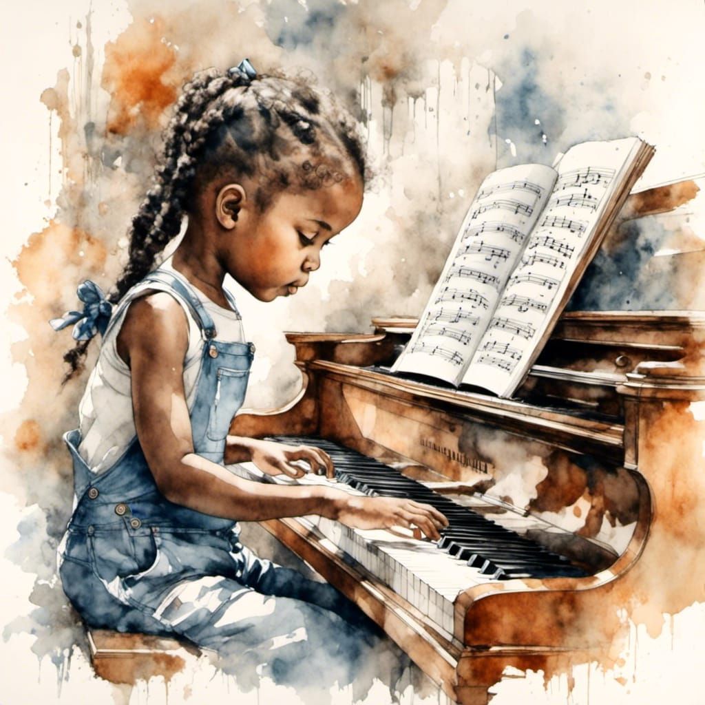 Watercolor Sketch: Girl, Kitten, and Piano