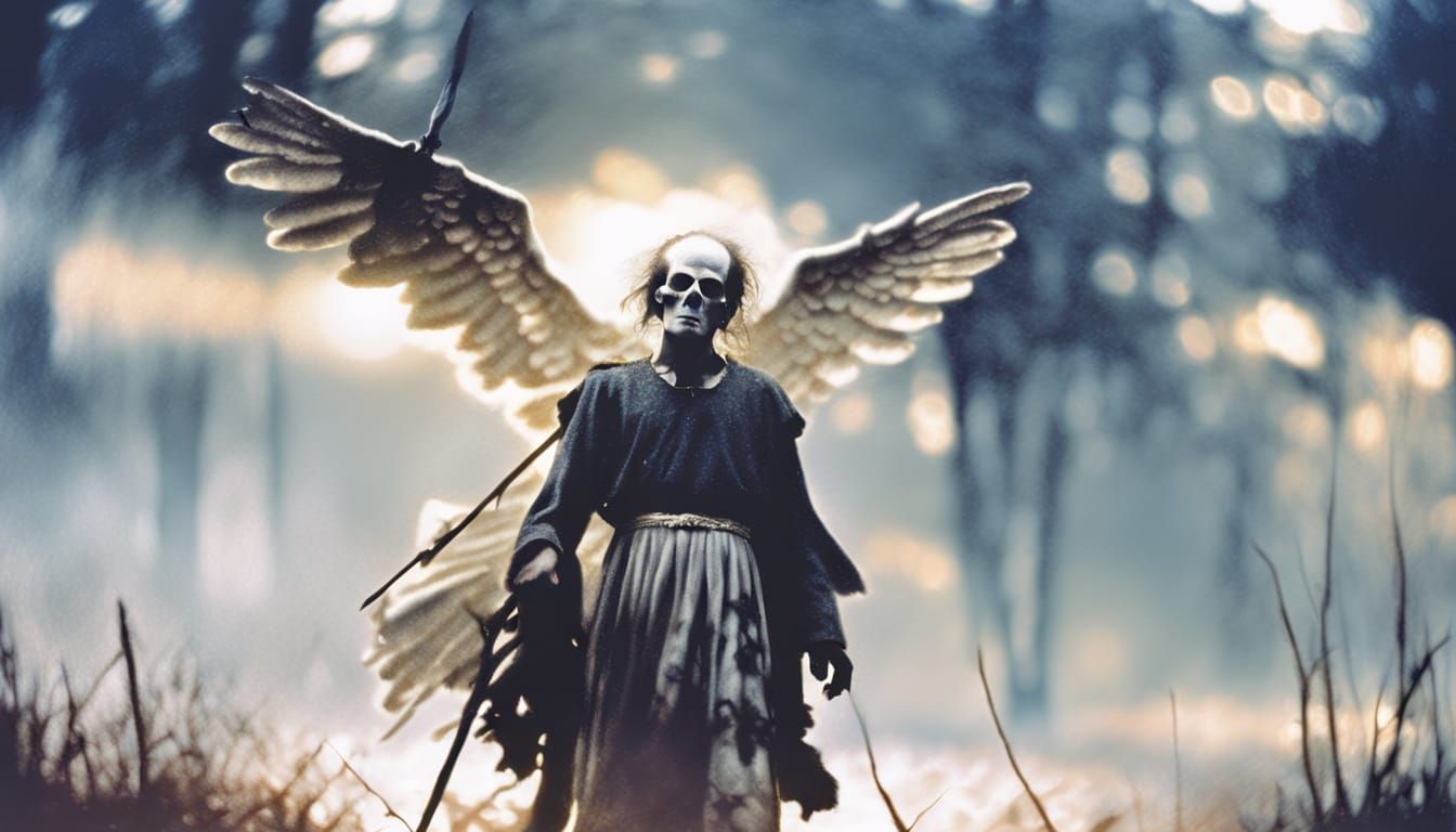 Ethereal Angel in Celestial Landscape: Dark Fantasy Art