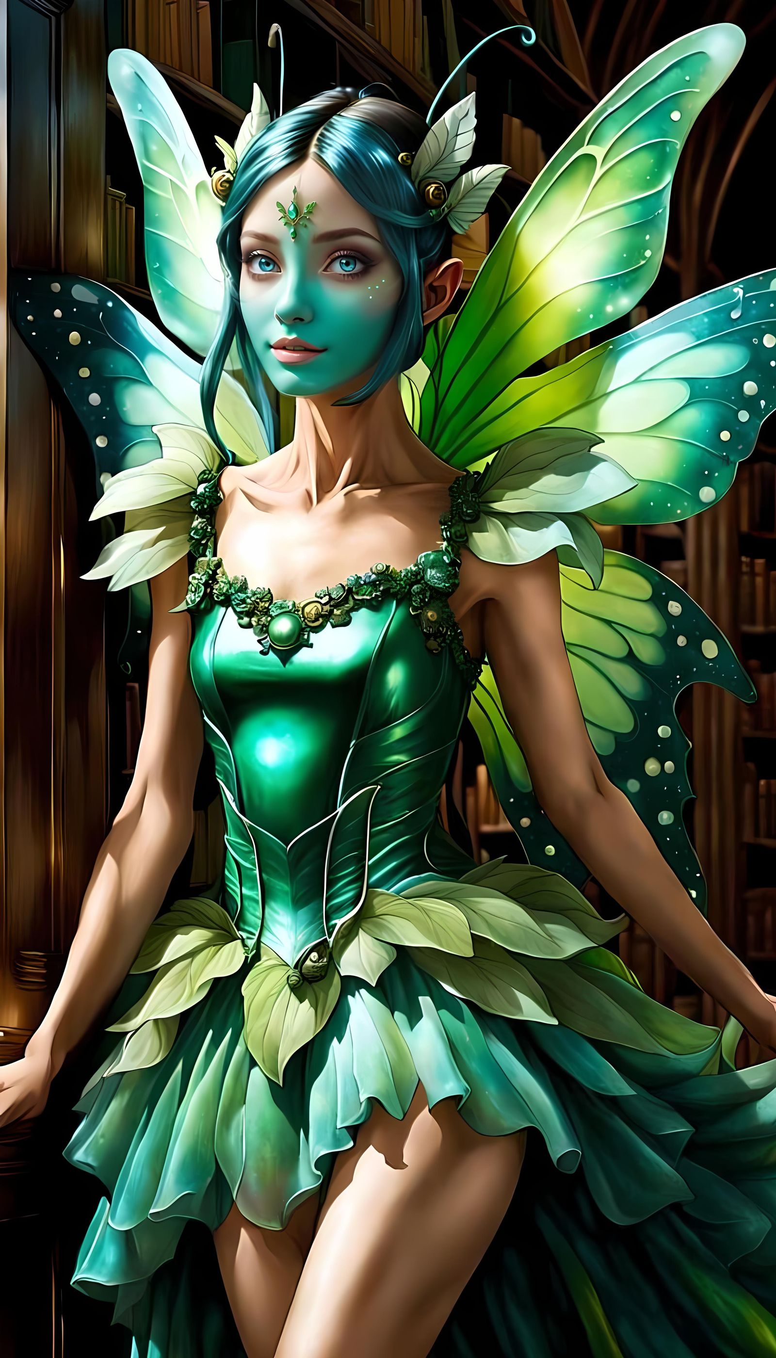 Surreal Moth Fairy in Old Library