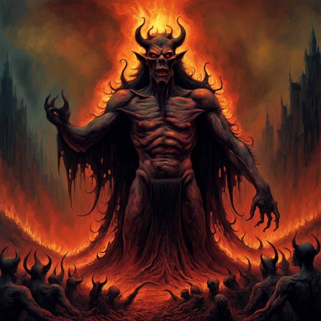 Sinister Portrait of the Devil in a Hellish Landscape