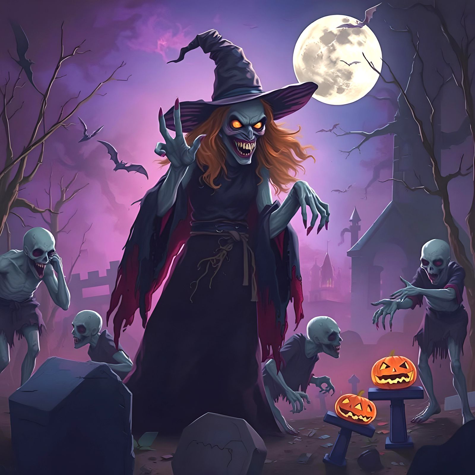 Evil Zombie Witch in Gothic Graveyard Illustration