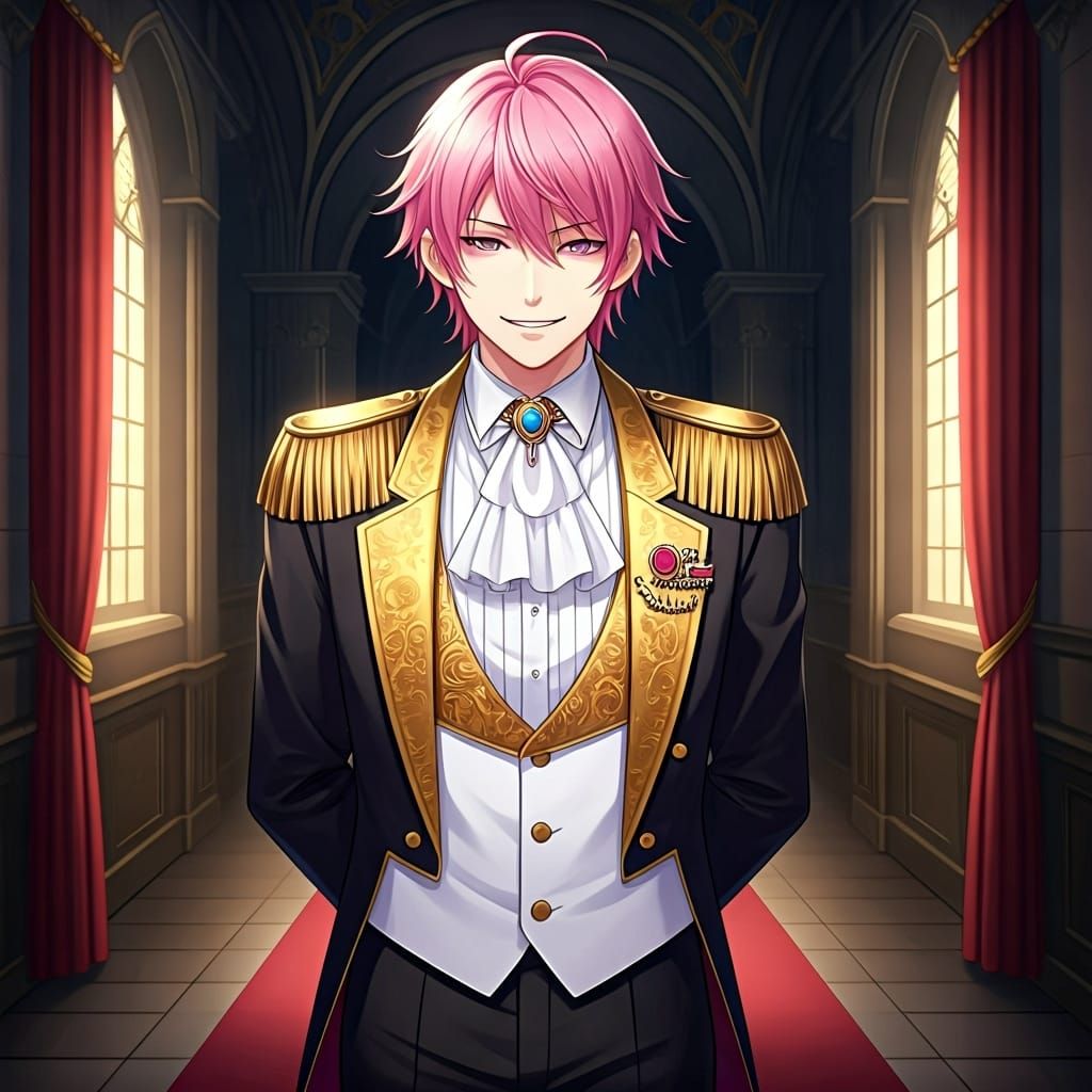 Anime Boy Butler with Pink Hair and Evil Smile