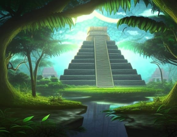 Twilight Jungle City with Mayan Pyramids in Anime Style