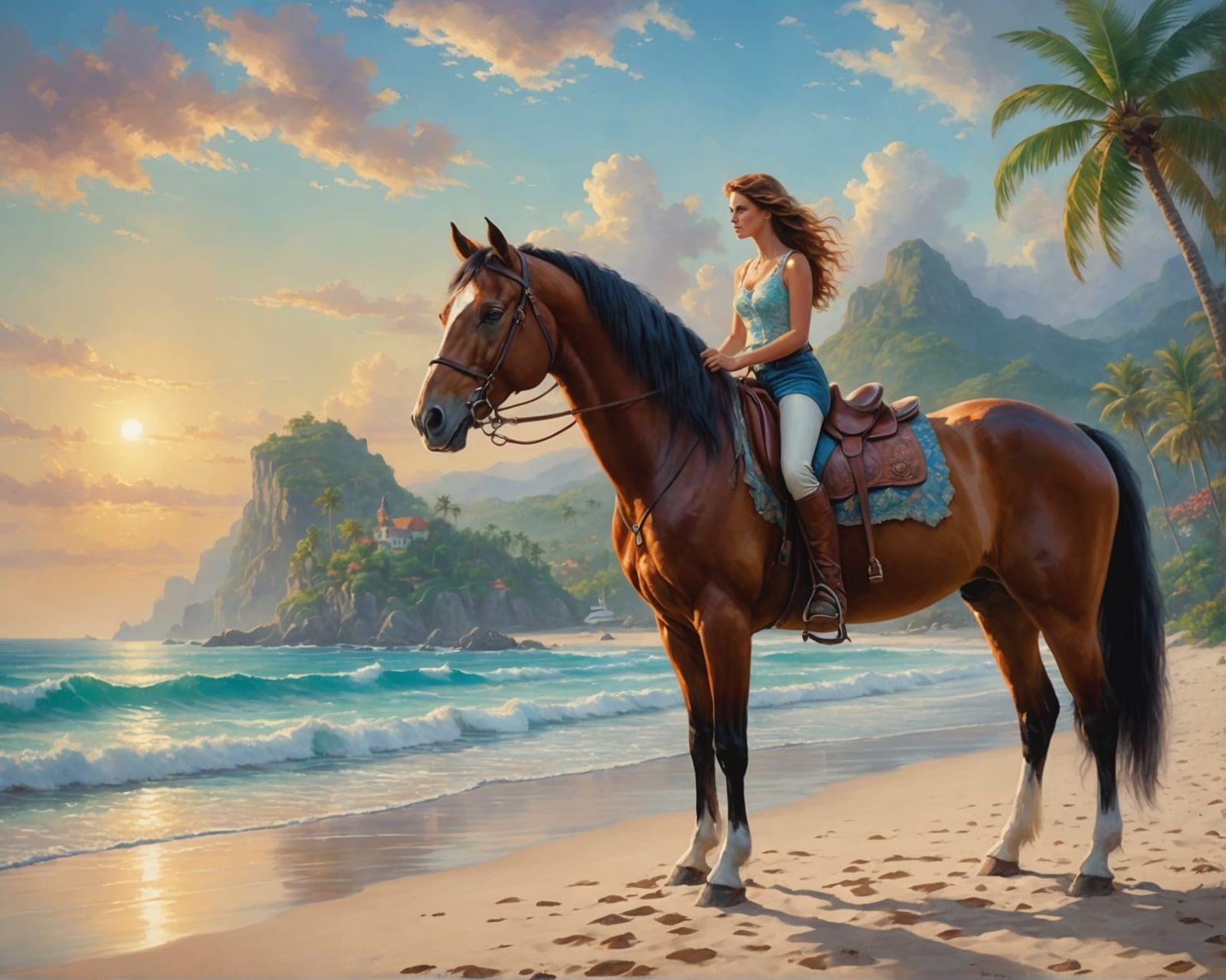 Woman and Horse on Tropical Beach: Oil Painting