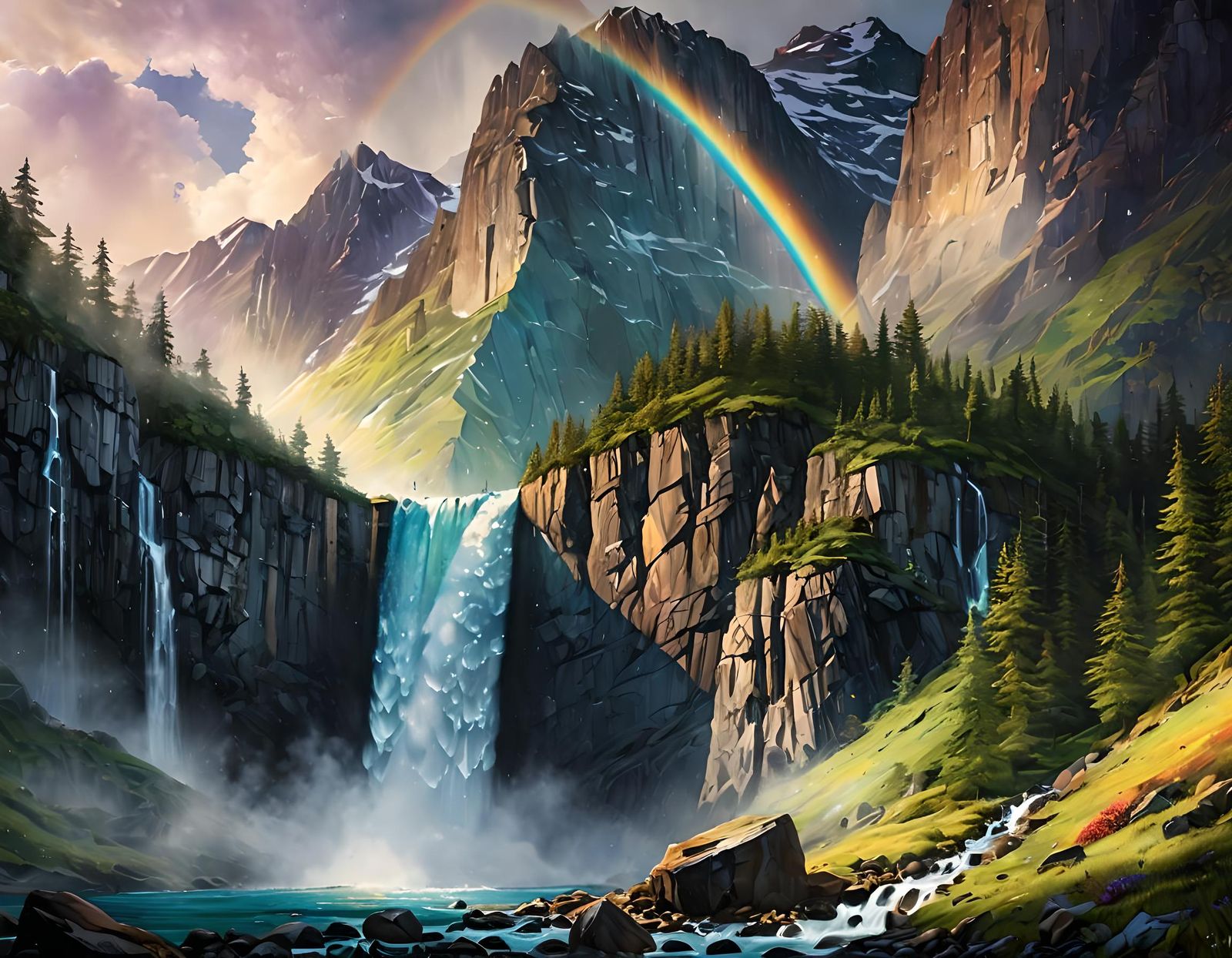 Shimmering Waterfall in Iridescent Light