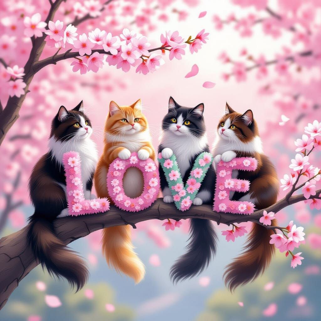 Cats Spell LOVE on Cherry Blossom Branch