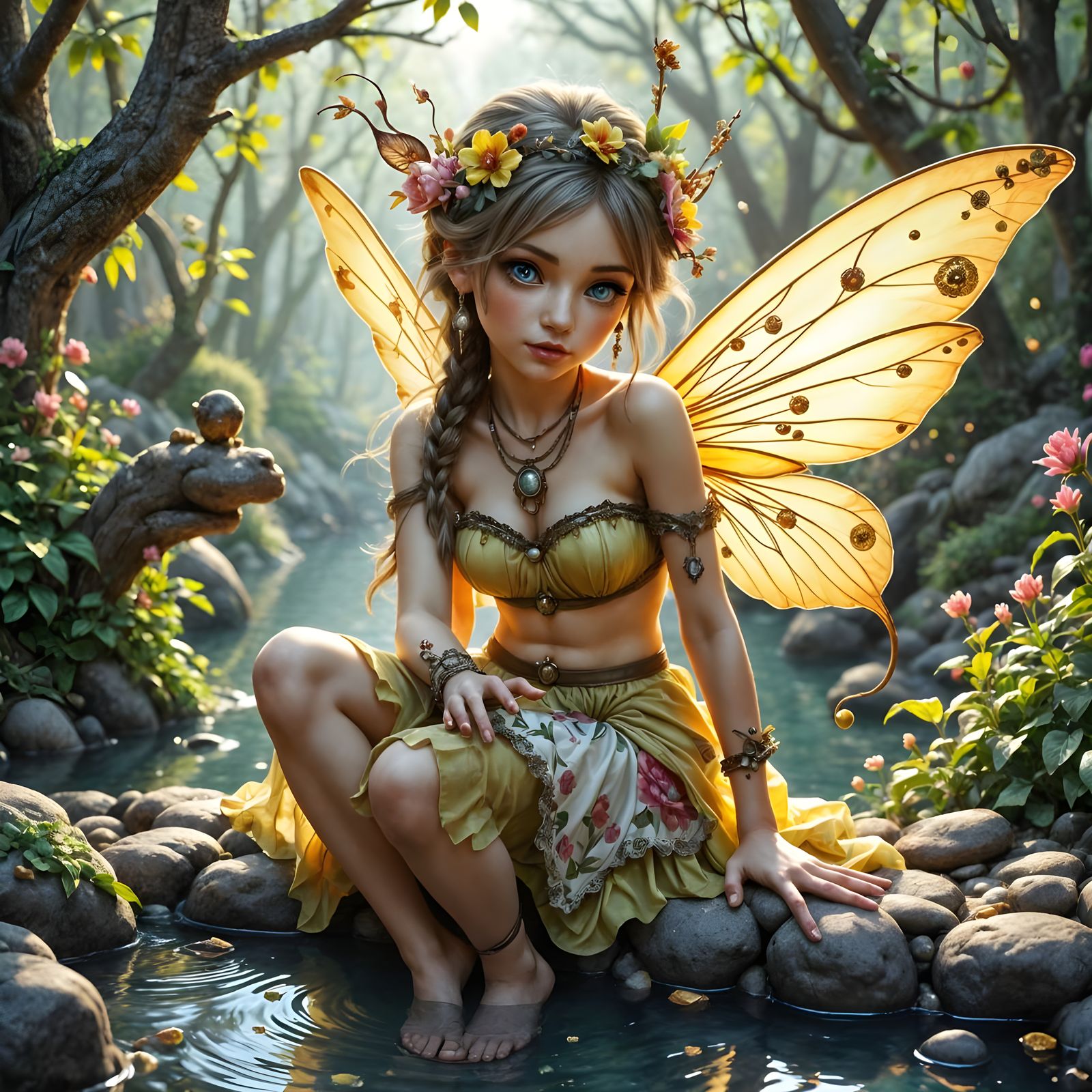 Fairy by River Bridge in Art Nouveau Style