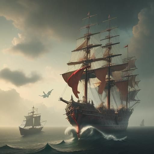 Red and Green Pirate Ship in the Sky