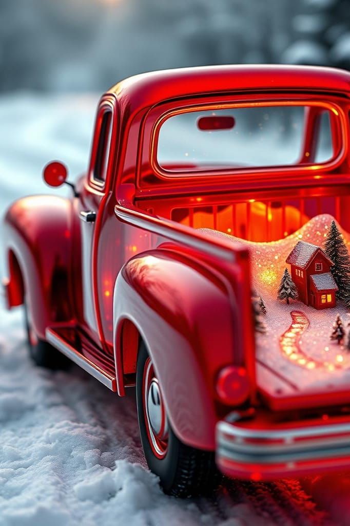 Red Glass Truck with Christmas Miniature World