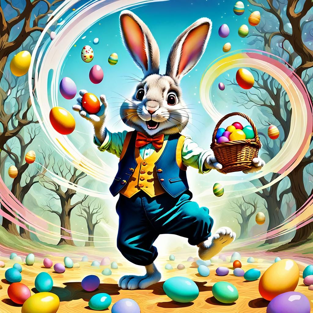 Whimsical Anthropomorphic Rabbit Tossing Easter Eggs