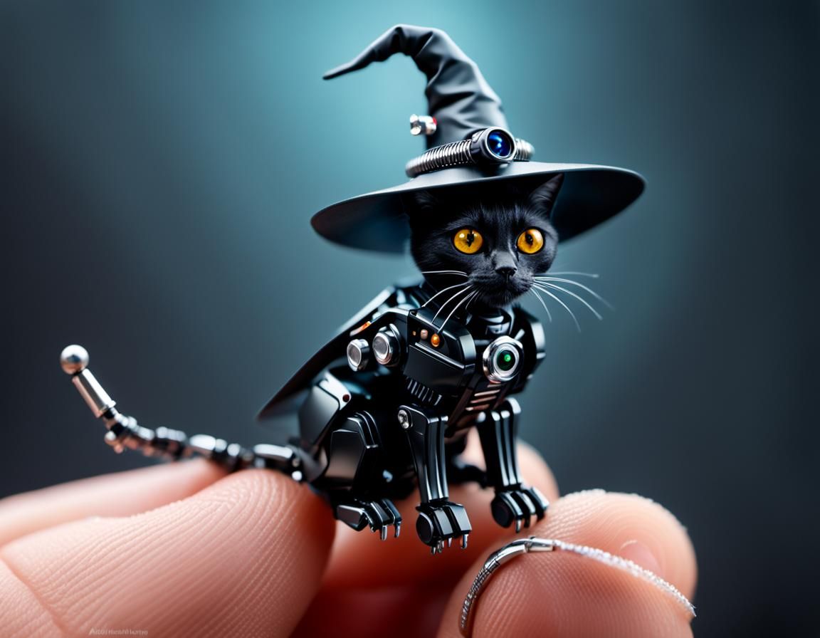 Futuristic Robotic Witch and Cat Macro Photograph
