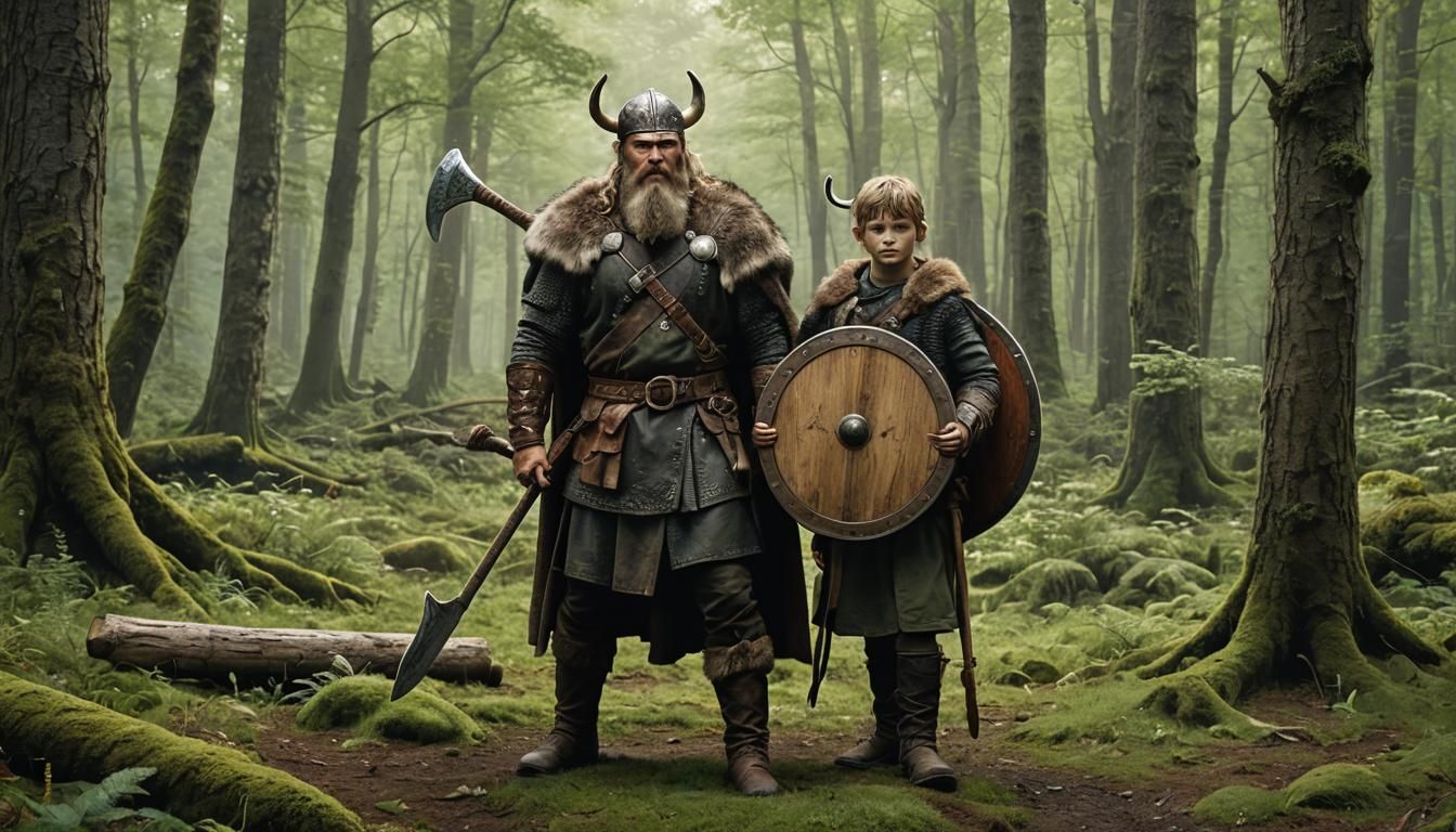 Viking Father Trains Son in Axe Combat