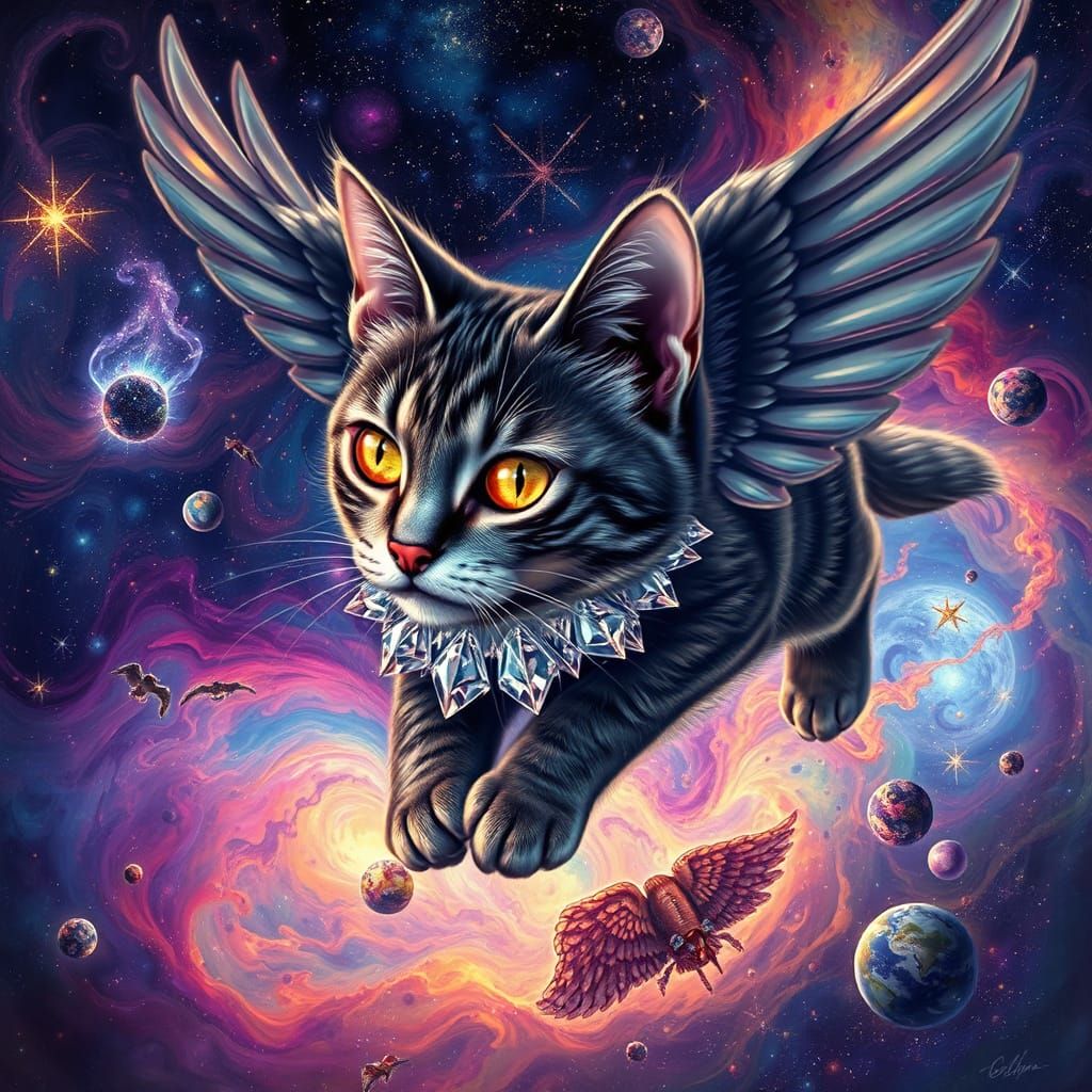 Majestic Flying Cat in Vibrant Galactic Expanse