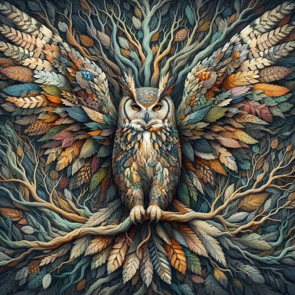 Camouflaged Owl with Tree Branch Wings