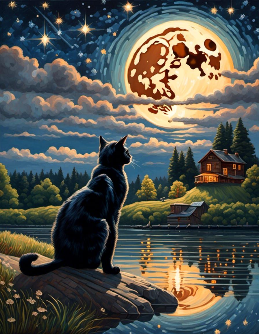 Black Cat Staring at the Moon