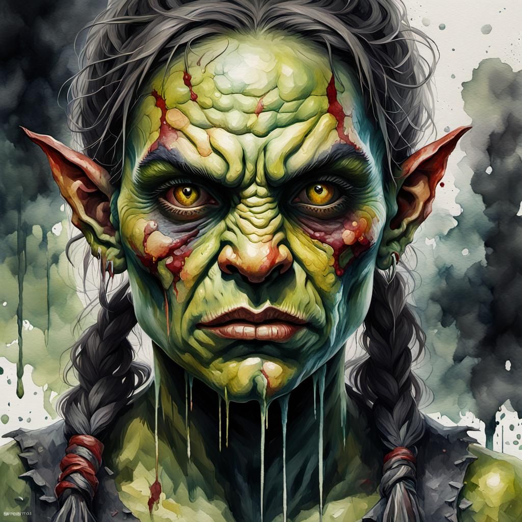 Grotesque Orc Female Watercolor Impressionist Painting