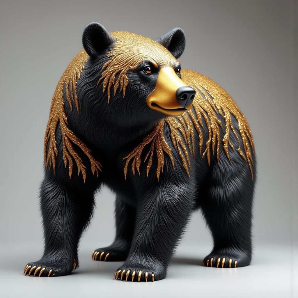 Detailed Bear Sculpture with Gold Filigree in Hyperrealistic...