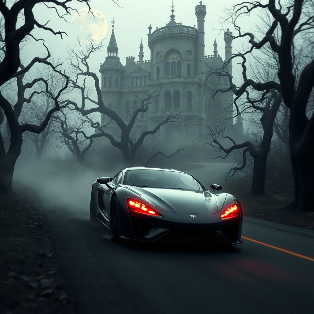 Eerie Car on Foggy Road in Gothic Style
