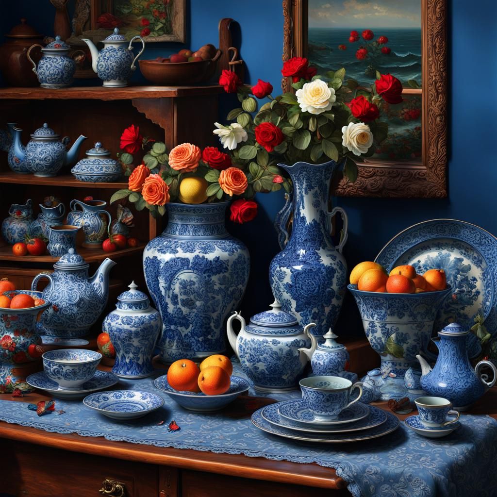 Still Life with Blue Pottery and Red Roses