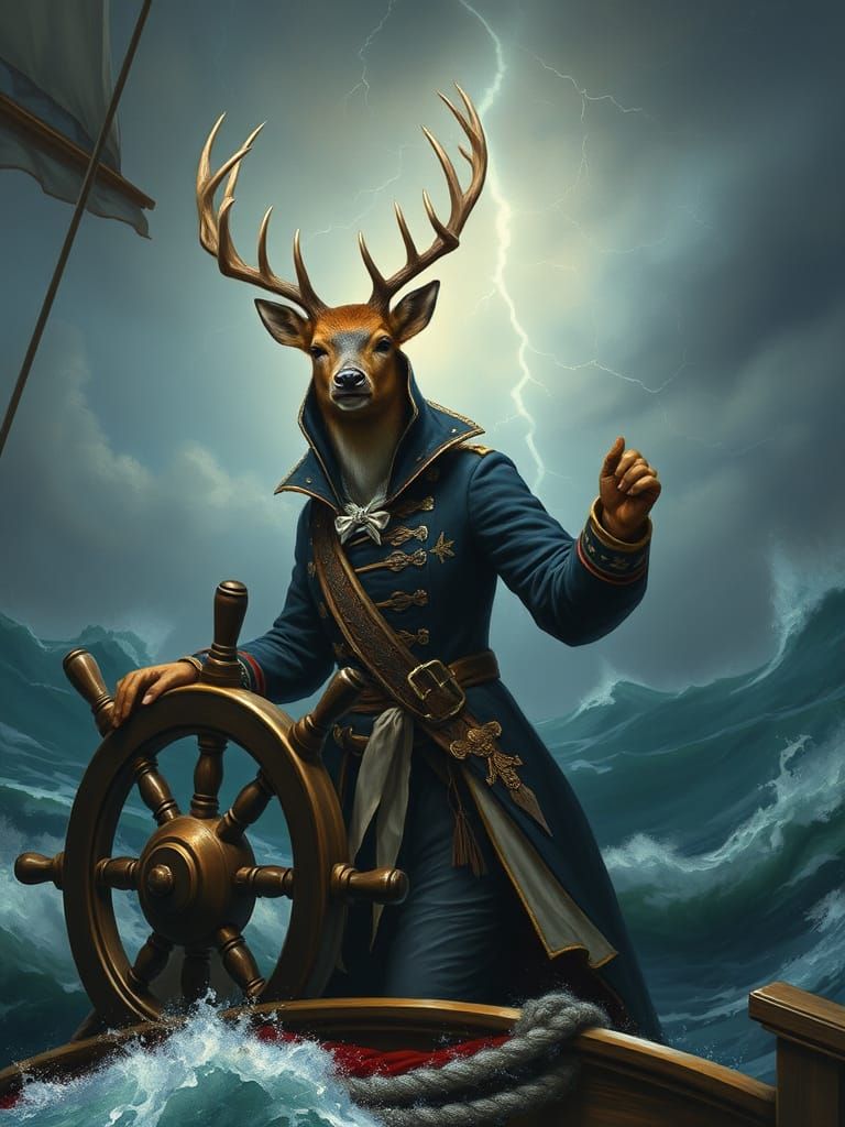 Deer Captain at the Helm in Maritime Art Style