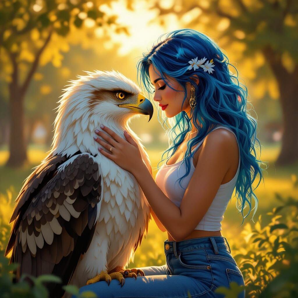 Intimate Moment: Woman and Griffin in Golden Light