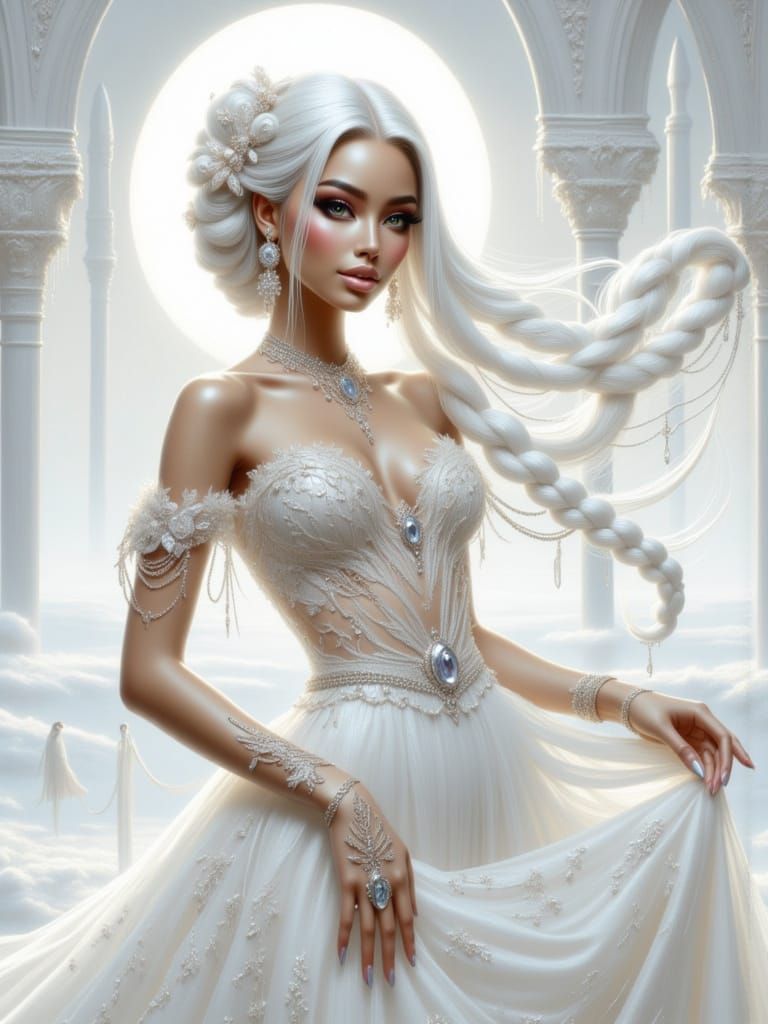 Elegant Woman with Braided Platinum Hair Dancing in White