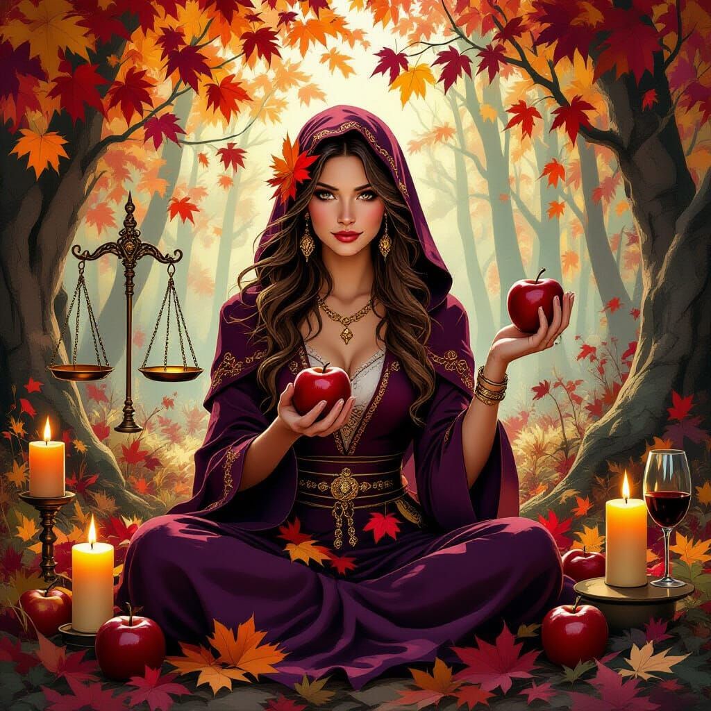 Autumn Priestess in Forest with Apples and Candles
