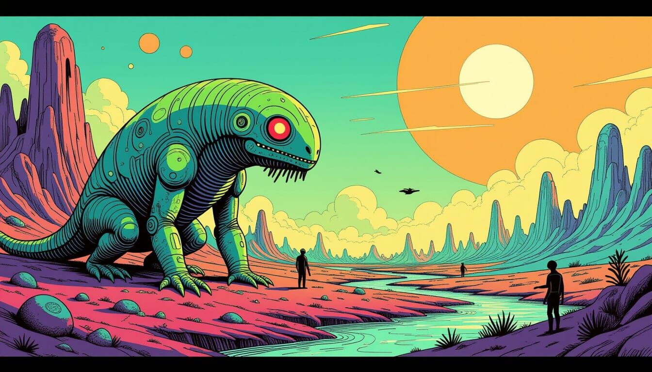 Surreal Creatures in Moebius Style Landscape