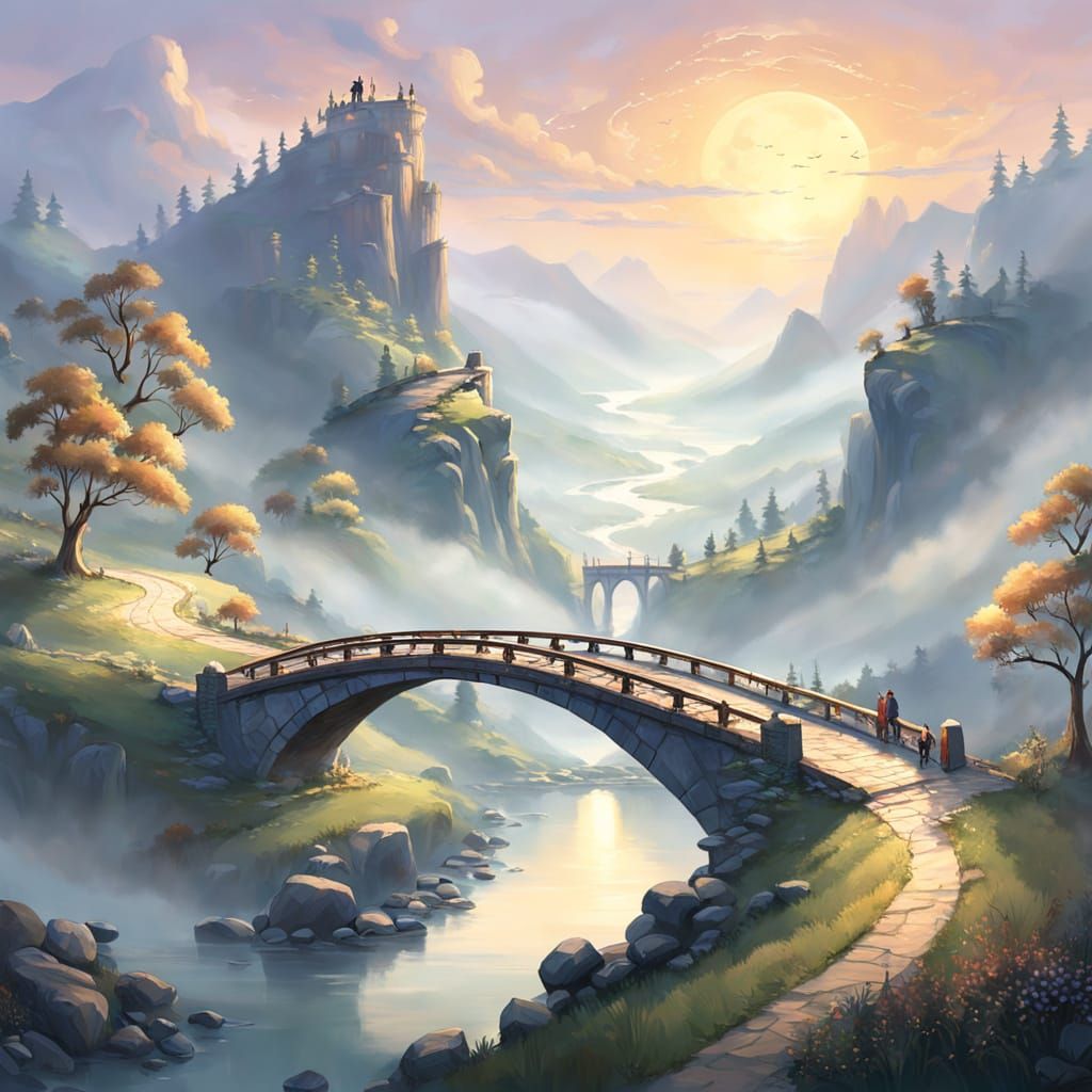 Dreamlike Bridge Over a Moonlit Valley