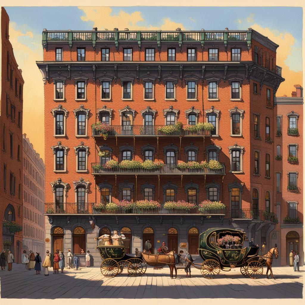 Grand Three-Story Apartment Building in Warm Sunlight