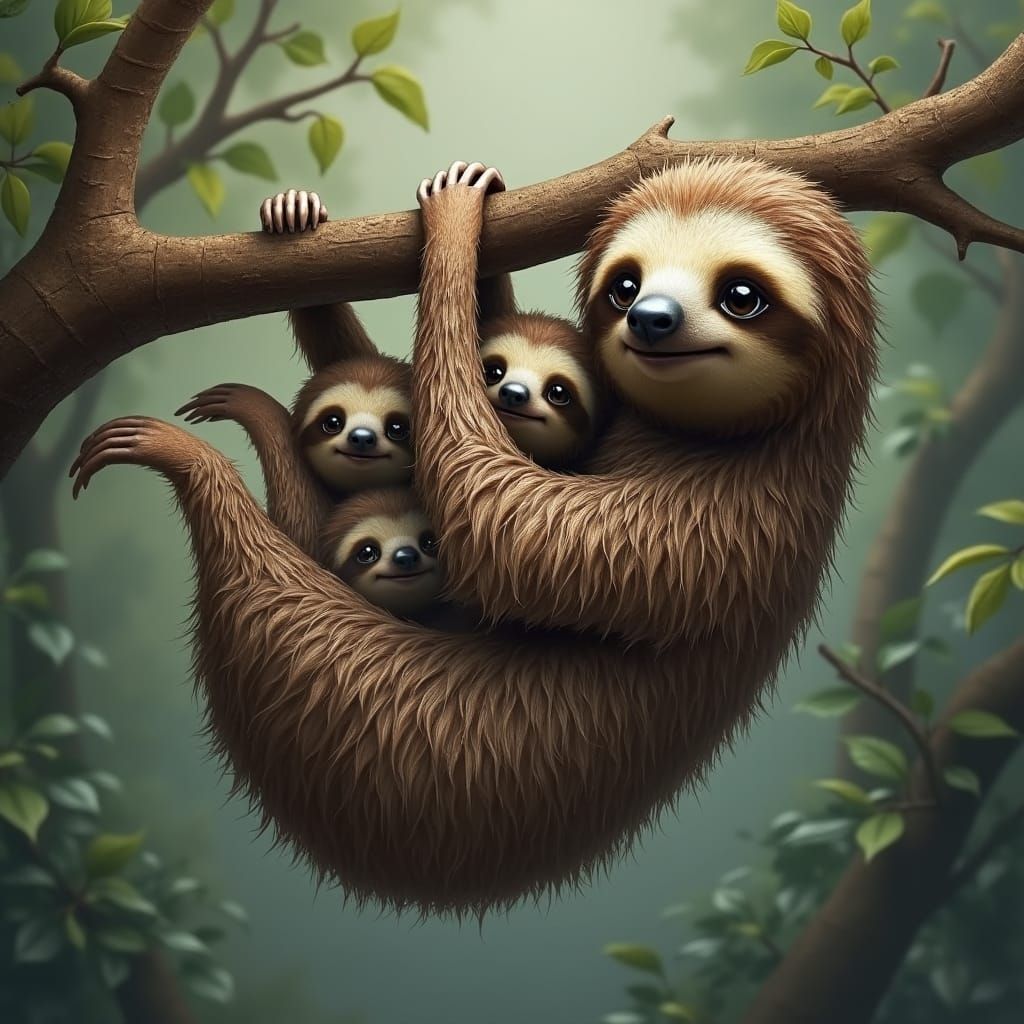 Detailed Sloth with Babies Hanging from Branch