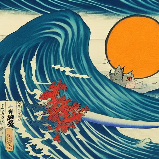 Samurai Cat Ukiyo-e in Vibrant Woodblock Style