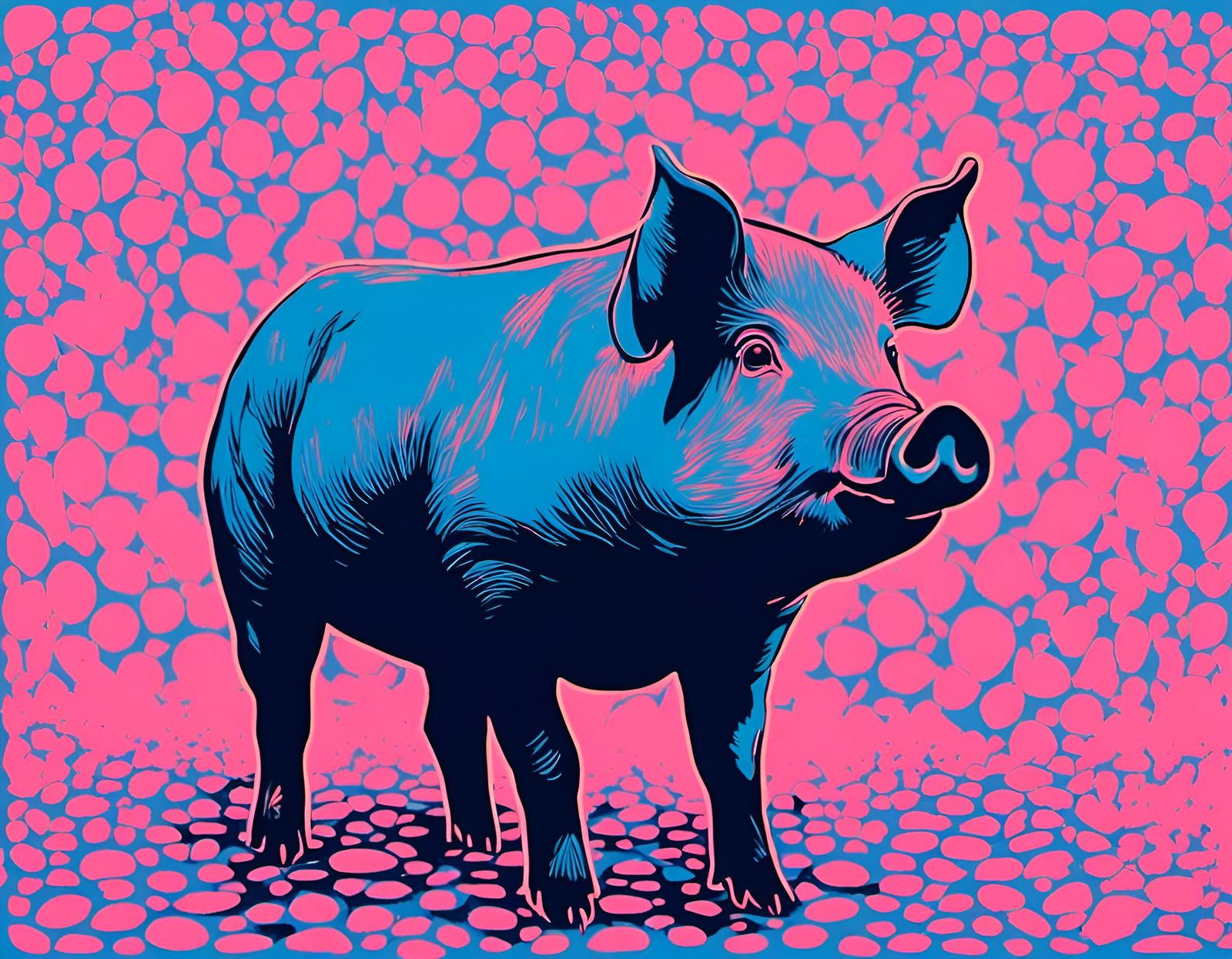 High Contrast Pig Screen Print in Pink and Blue