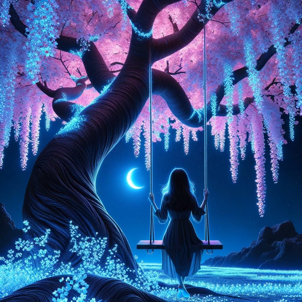 Bioluminescent Cherry Tree Scene in Digital Illustration
