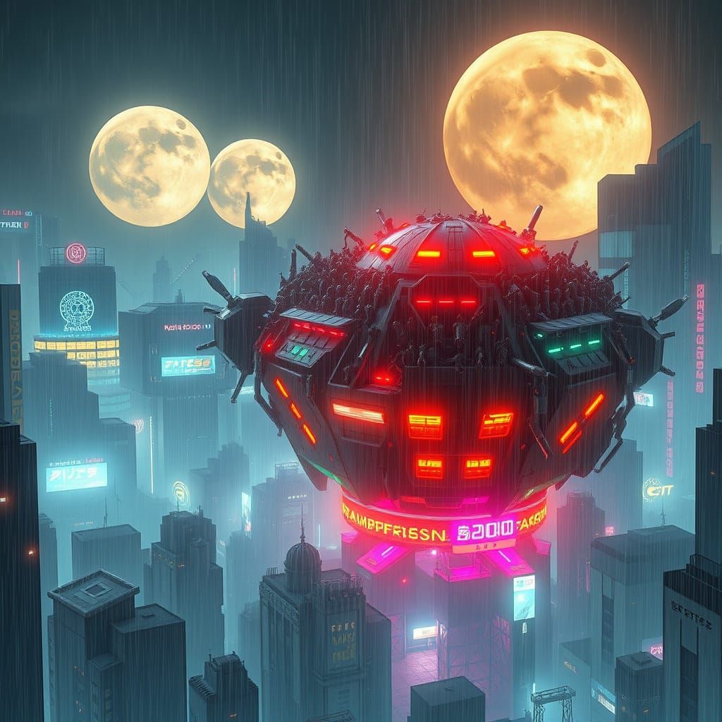 Cyberpunk Metropolis Under Ethereal Moons
