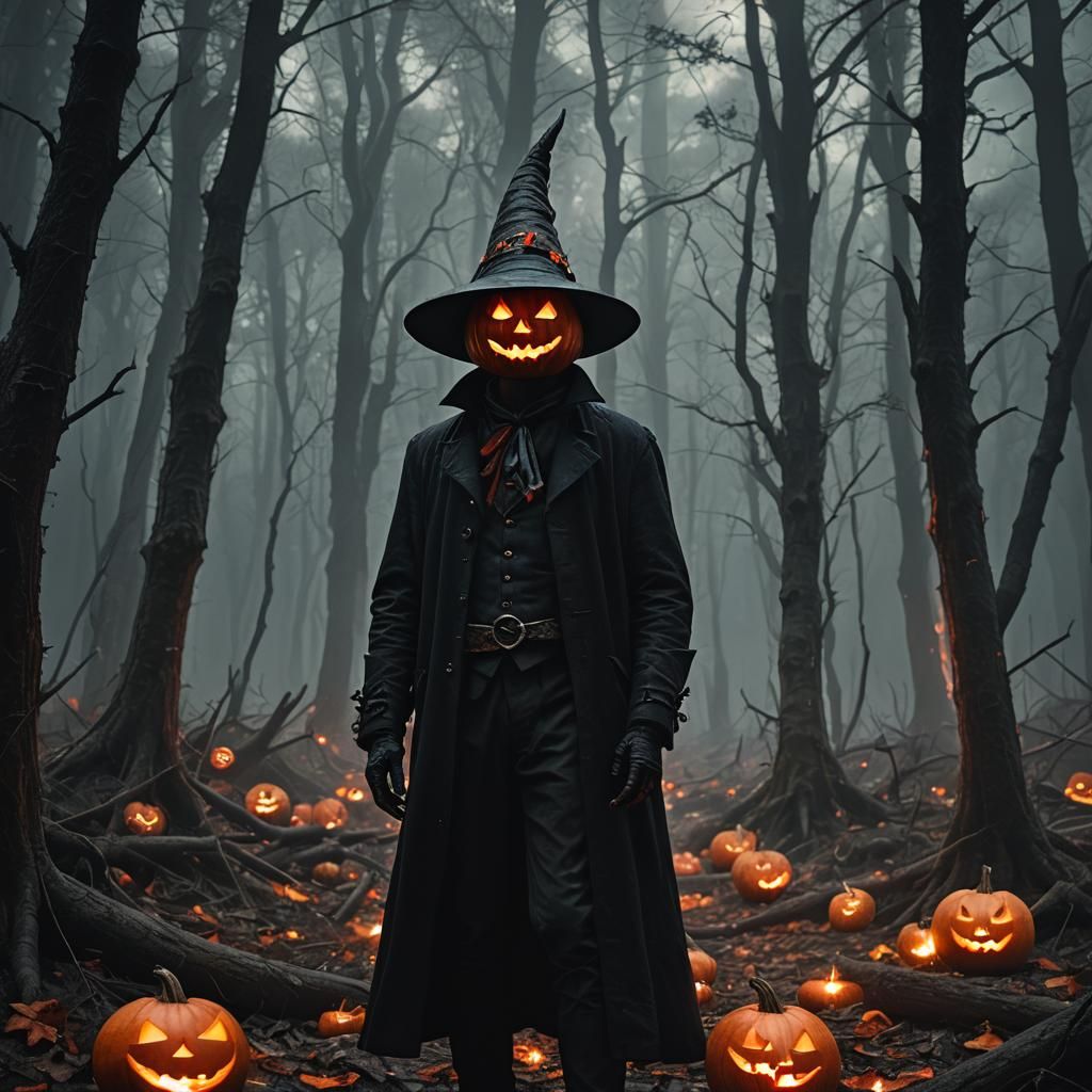 Red-Eyed Jack-O-Lantern Man in Mystical Forest
