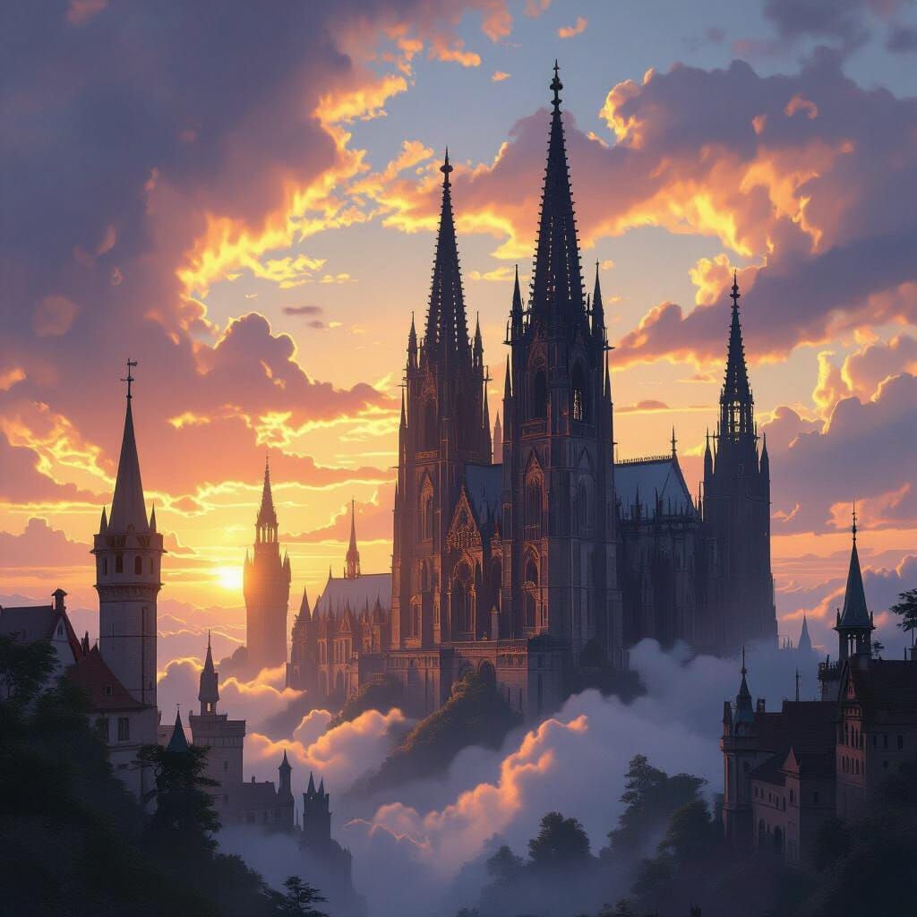 Gothic Spires Pierce Dramatic Sky at Sunset