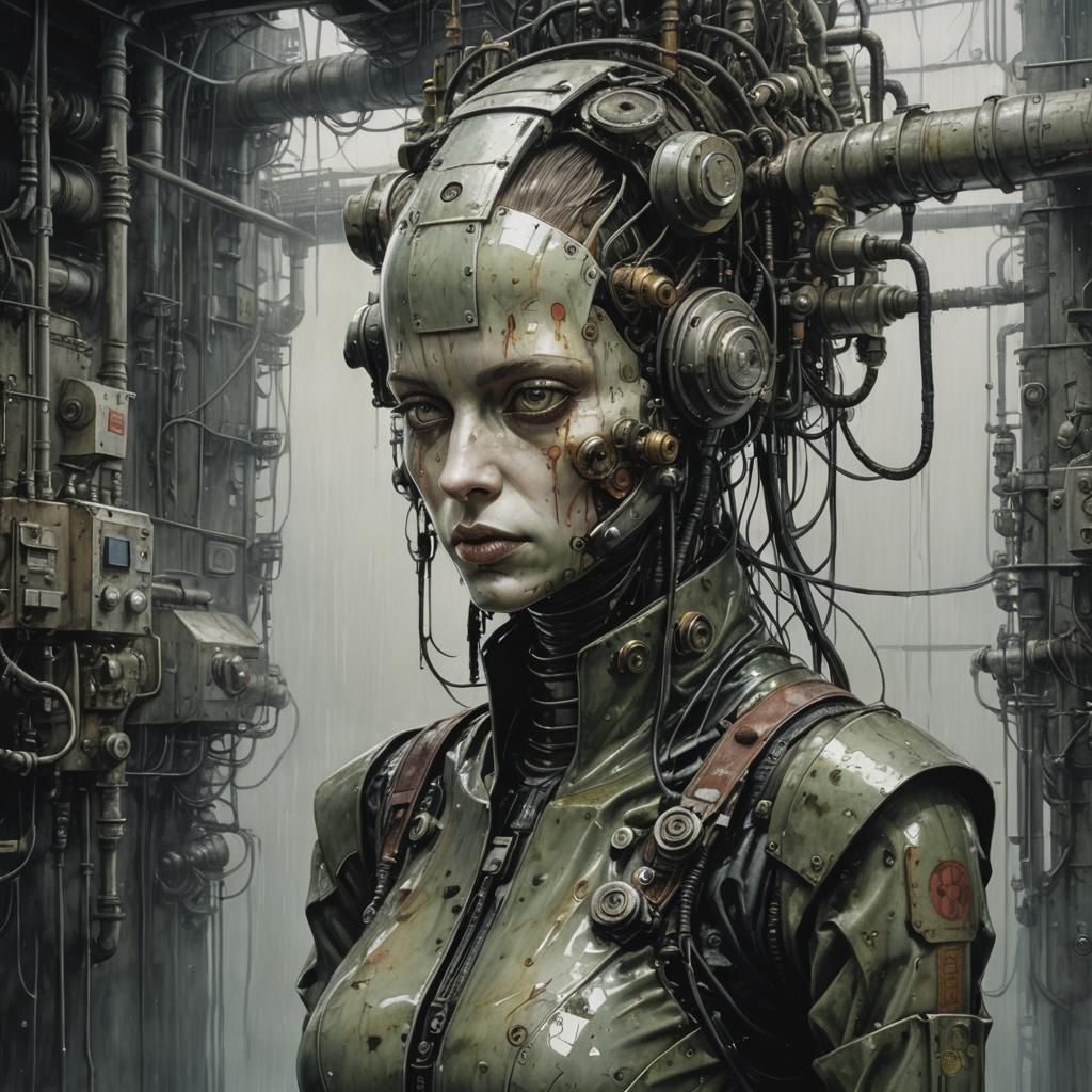 Dystopian Biopunk Android Factory in Wet Wash Style