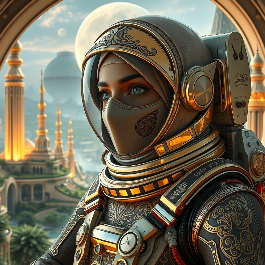 Retro-Futuristic Astronaut in Art Deco Spacesuit, Against Vi...