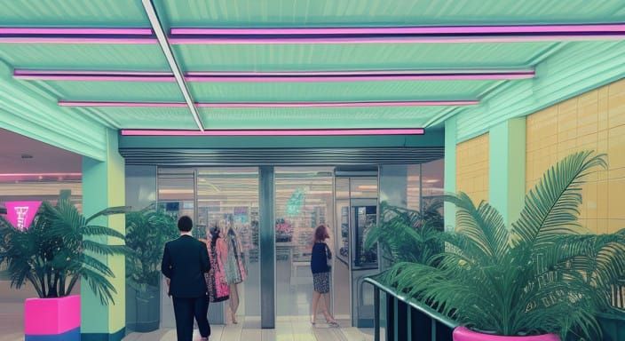 Vibrant 80s Mall Scene with Neon Lights and Retro Shops