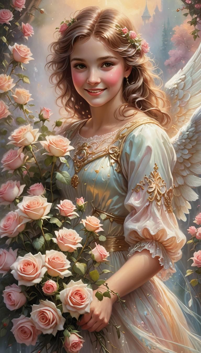 Smiling Angel with Roses in Ethereal Lighting